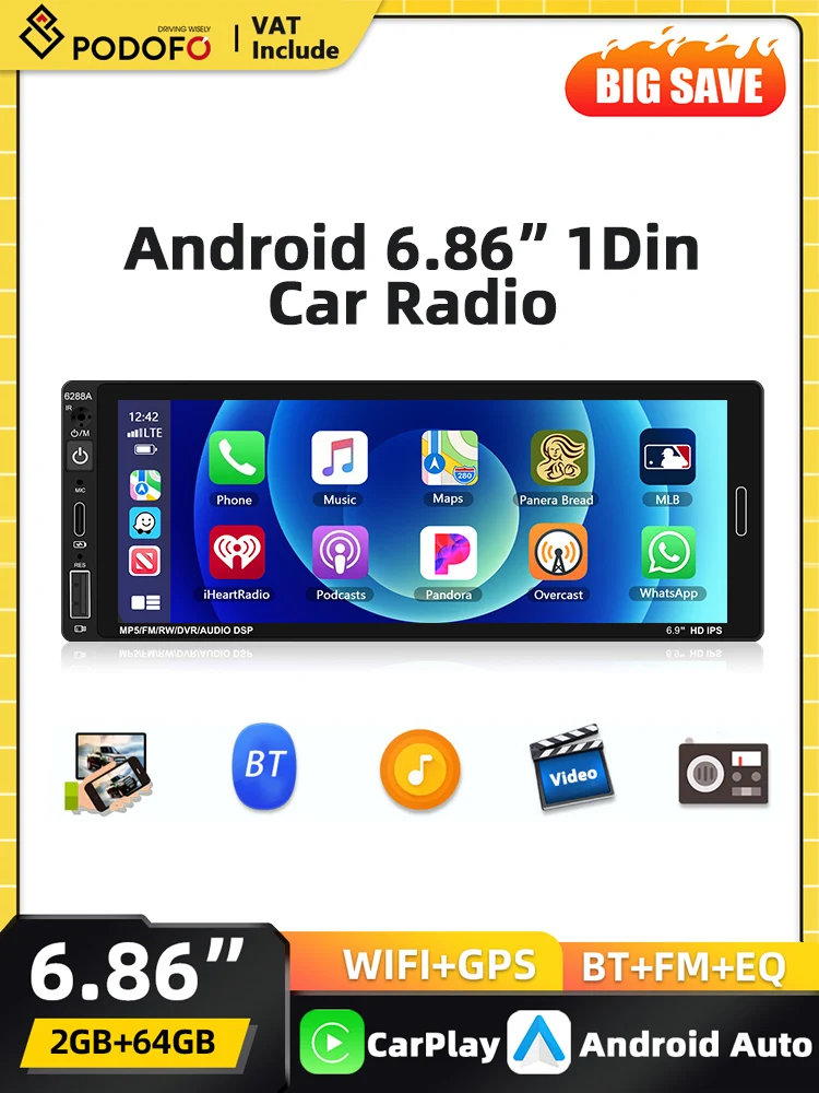 Podofo 2+64G Android 1 Din Autoradio mit Carplay, Android Auto, Bluetooth, WLAN, GPS, Multimedia-Videoplayer und FM-Empfänger