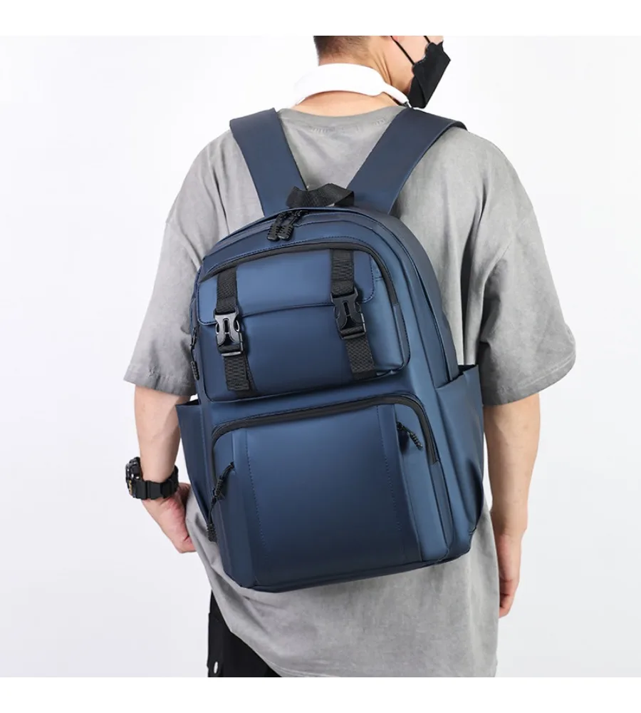 Black leather like buckle backpack anti scratch multi layered pockets for young men outdoor travel daily commuting