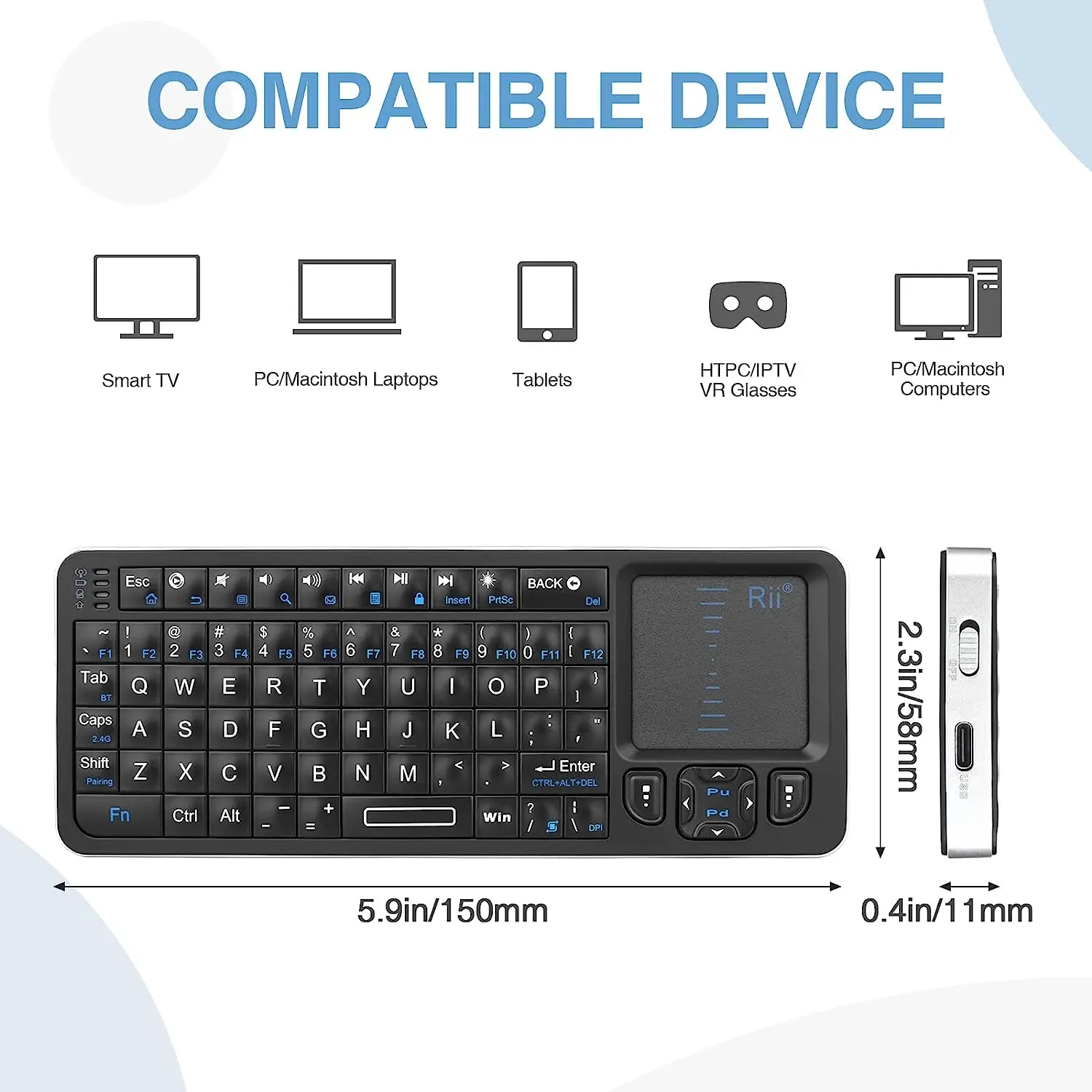 

Rii Mini X1 Bluetooth Keyboard, Backlit 2.4GHz Wireless Keyboard, Portable Lightweight with Touchpad for Android TV Box, Laptop