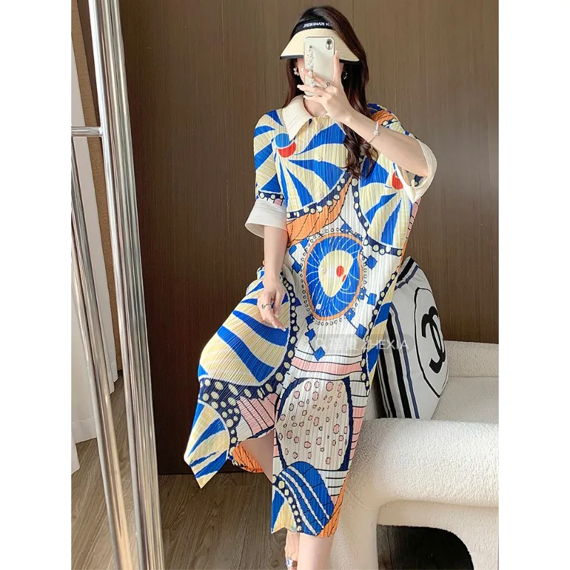 Miyake – robe longue plissée pour femmes, ample, grande taille, imprimé, revers, manches courtes, vêtements extensibles, grande taille, été