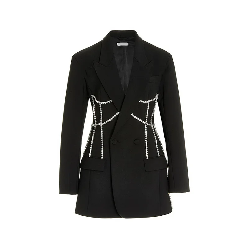 Rhinestone Ornament European American Women's Suit Jacket 2023 Autumn Winter Fashion Mid-Length Tight Waist Suit Dress