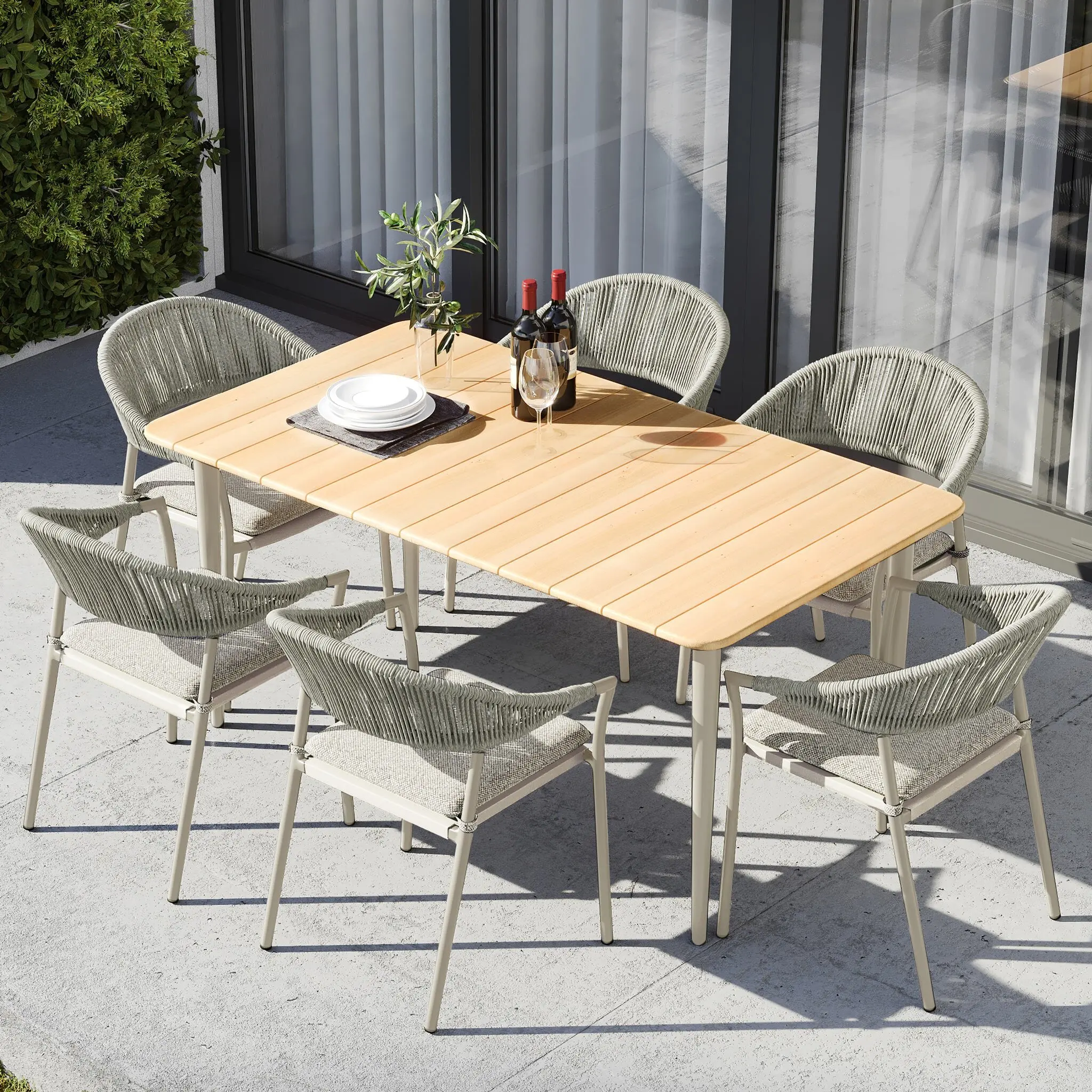 Morden Restaurant Outdoor Dining Sets Garden Furniture Patio Teak Wood Table With Hydrophobic Rope Weave Chairs