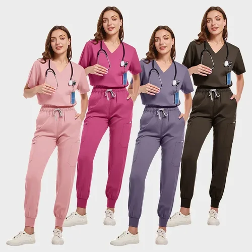 Imagen 2 del producto Traje de correr multicolor, conjunto de batas de enfermera, ropa clínica médica, uniformes para enfermería, camisetas de manga corta con cuello en V, pantalones de bolsillo