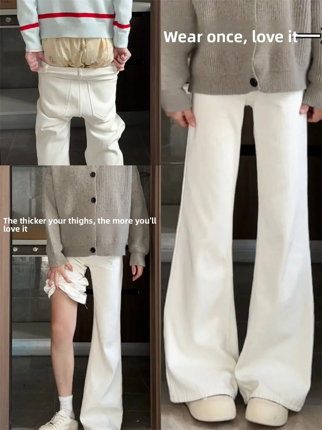 

Женские джинсы с высокой талией, расклешенные, на флисовой подкладке, утолщенные, белые, осенне-зимние, свободные, широкие, на резинке, модель «Копытце»