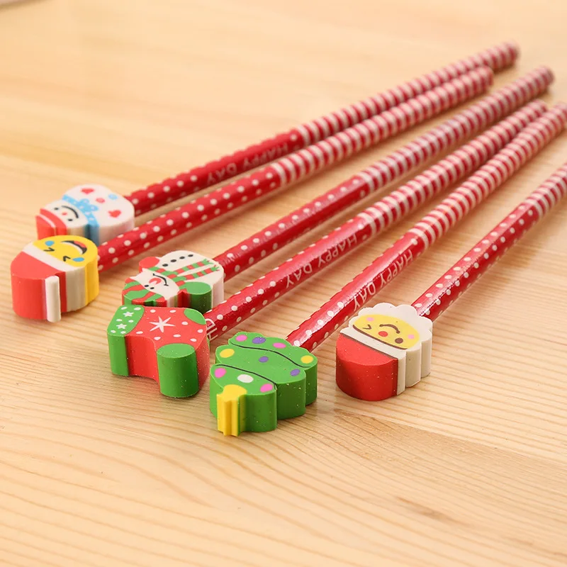 1pcs Cartoon Santa Claus Eraser Pencil HB Creative Stationery Children\'s School Supplies Christmas Gifts Snowman Writing Pencils