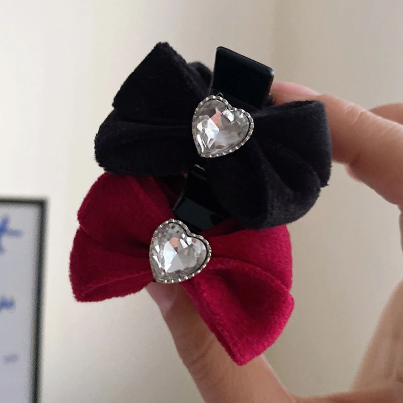 Vintage Design Velvet Bow Hair Clips Korean Rhinestone Love Hairpins Small Barrettes Headwear Female Hair Accessories Side Cli