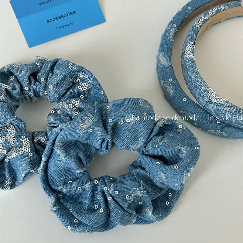 Denim Scrunchies Collections Large Size Hair Tie Simple Elastic Hair Band Women Hair Accessories Daily Headwear