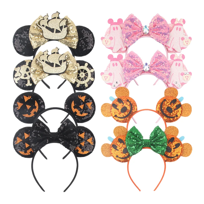 10Pcs/Lot 2024 Disney Halloween Mouse Ears Headband For Girls Sequins Bow Hairband Festival Party Cosplay DIY Hair Accessories