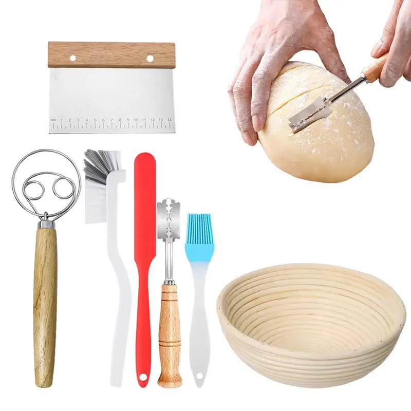 

Baking Tools Set 7PCS Dough Fermentation Bread Proofing Baskets Round Starter Kit With Bread Lame Basting Brush Dough Scraper