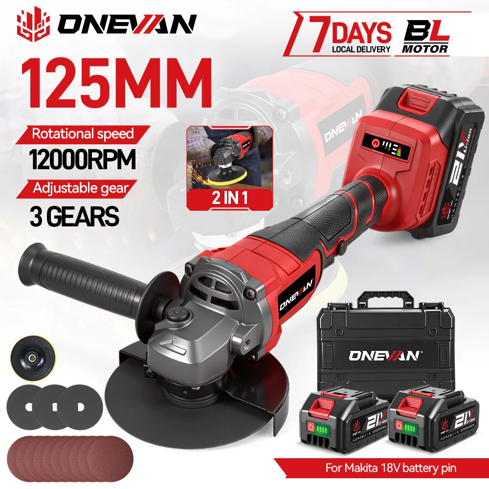 ONEVAN 125MM Bürstenloser Elektrischer Winkelschleifer M14 Kabelloser Schleif- und Schneidwerkzeug für Metall und Holz, kompatibel mit Makita 18V Akku