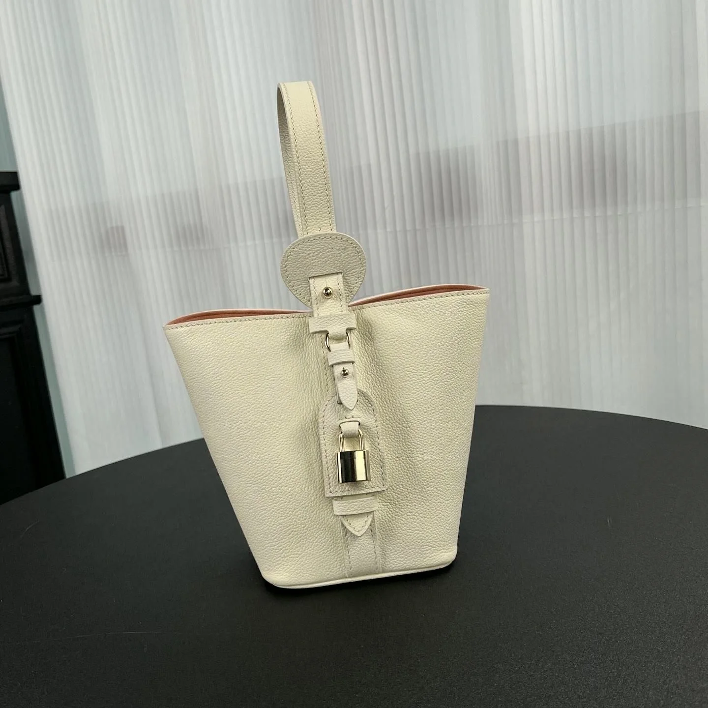 Cream White Mini Leather Bucket Bag, Ladies Lock Detail Top Handle Handbag