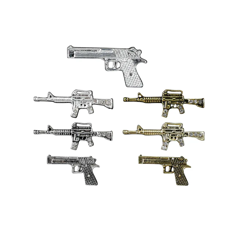 Metail Firearms Nail Charms, Manicure Decor, Nails Rifle Pistola, Submetralhadora Design Decorações, Ouro e Prata Acessórios, 10pcs