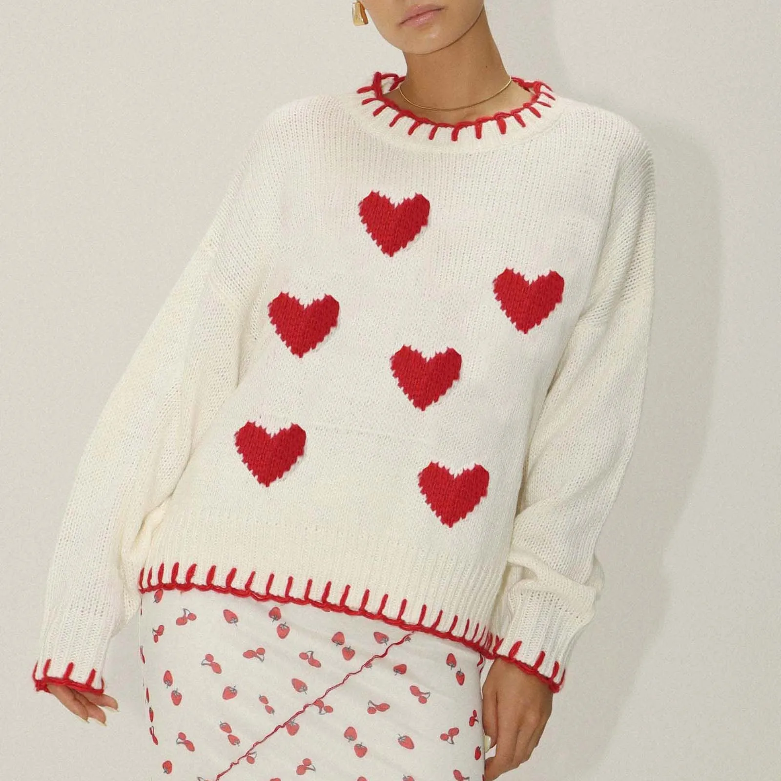 

Women's Valentine's Day Long Sleeve Fall Sweaters Heart Contrast Color Trim Drop Shoulder Round Neck Knitted Pullover Tops