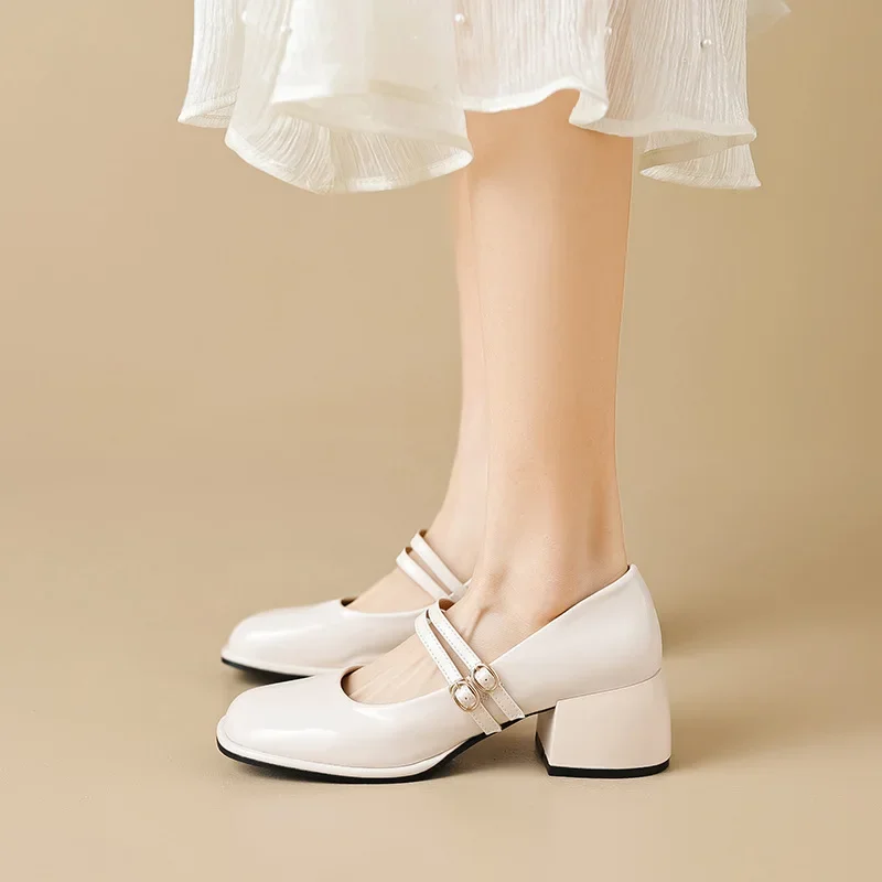 

2024 spring women's shoes ladies high heels Casual Mary Janes white square toe design career and commuting Korean style