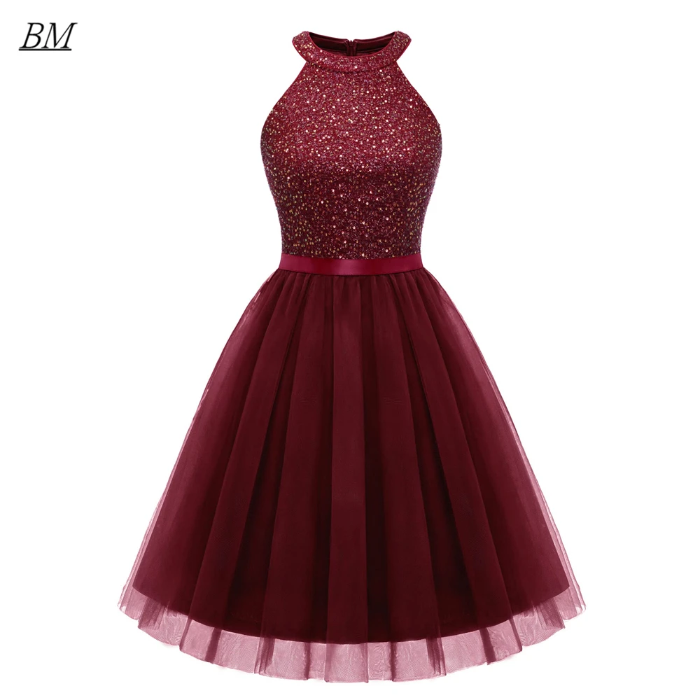 

BM Short Halter Cocktail Homecoming Dresses A-Line Lace Tulle Sequined Mini Graduation Formal Prom Party Gown