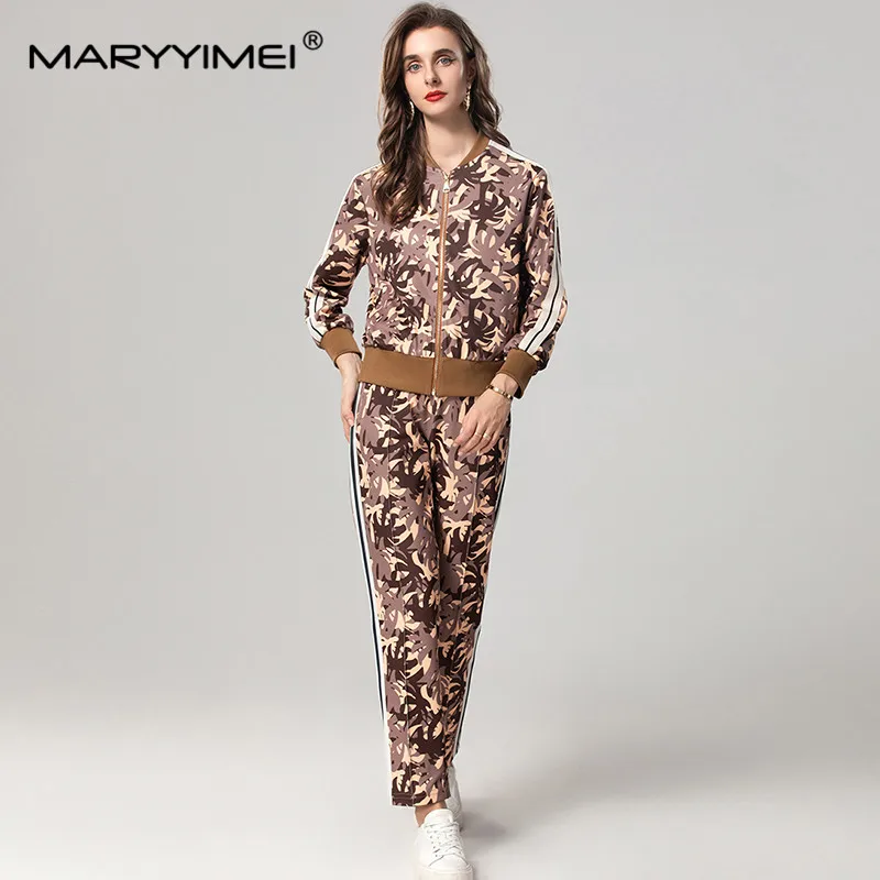 MARYYIMEI New Style Women\'s Suit Autumn and Winter Stand Collar Long Sleeved Tops+Pencil pants Unique printed 2 piece set