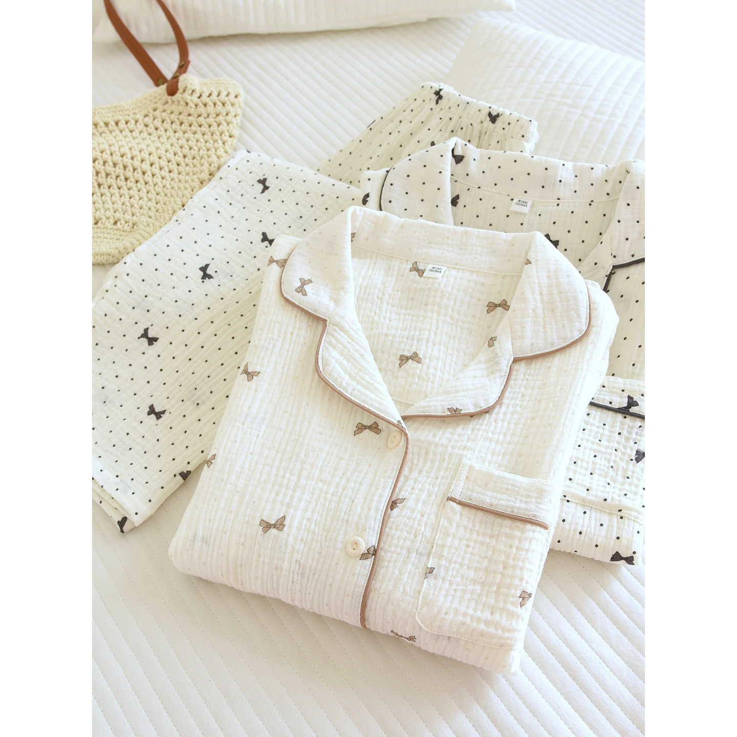 Women‘s 2-Piece Pajama Set - Crinkle Cotton Gauze Sleepwear, Double Layer Long Sleeve & Long Pants, Lightweight & Breathable Rel