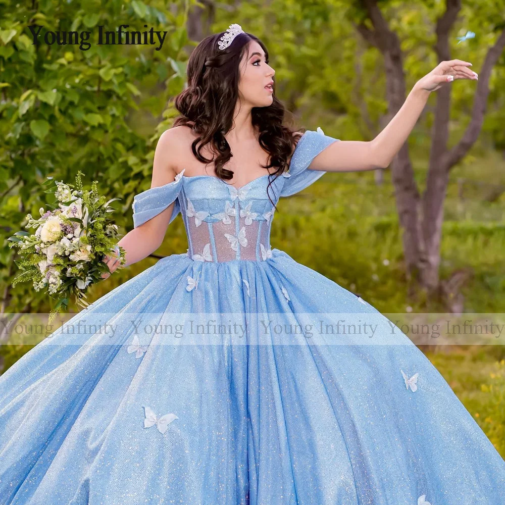 Blue Quinceanera Dress 2024 Ball Gown Princess Sweet 15 16 Birthday Party Gown Pleats Layers Ruffle Backless Pageant Butterfly