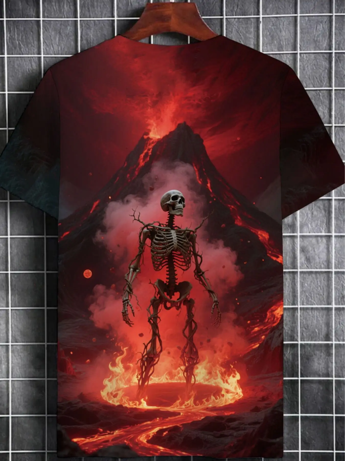 Men Short Sleeve T‑Shirt 3D Skeleton Volcano Fire Print Halloween Gothic Casual Streetwear Top