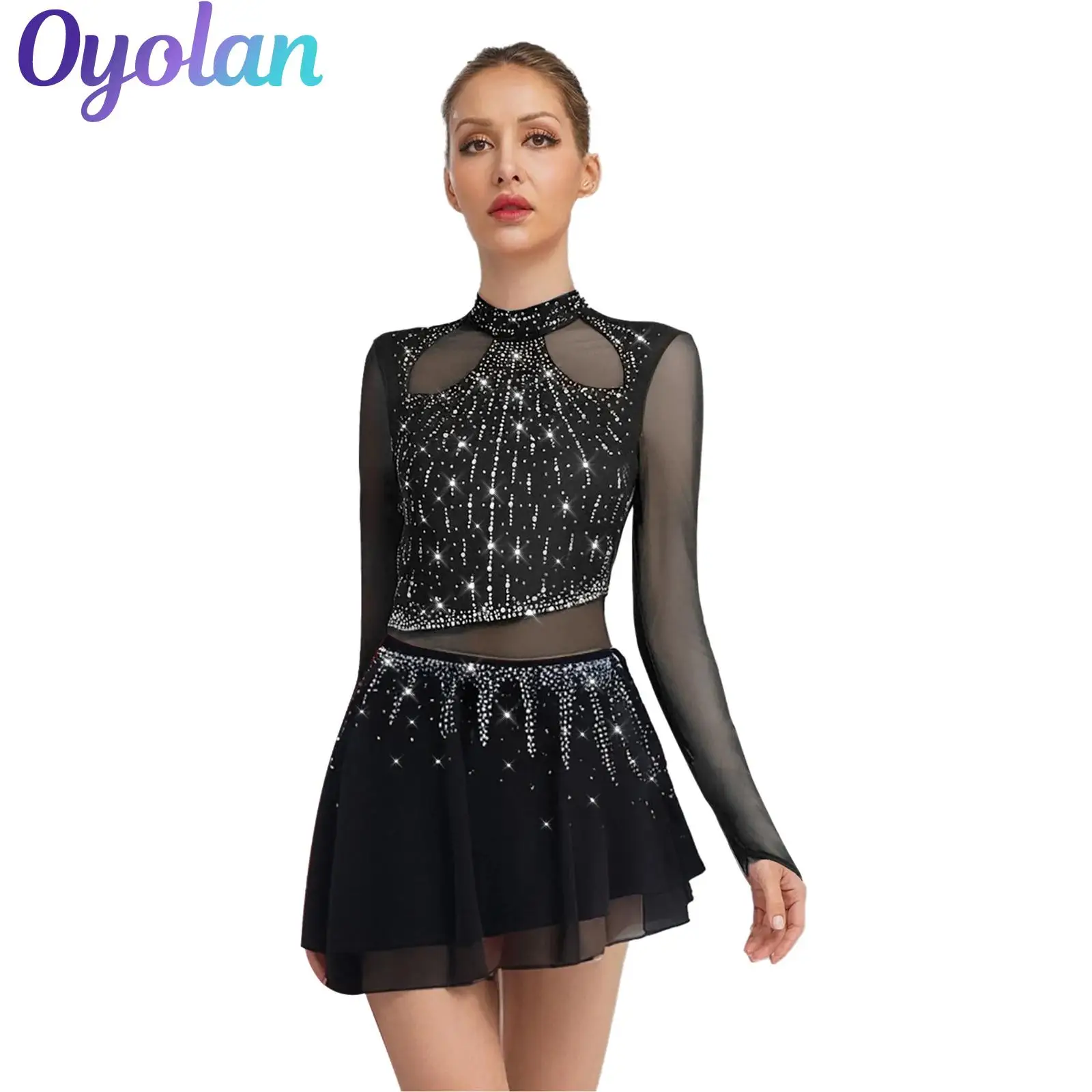 

Womens Rhinestone Ballet Lyrical Dance Leotard Dress Long Sleeve Bodysuit Dress Gymnastics Figure Skating Modern Dance Costume