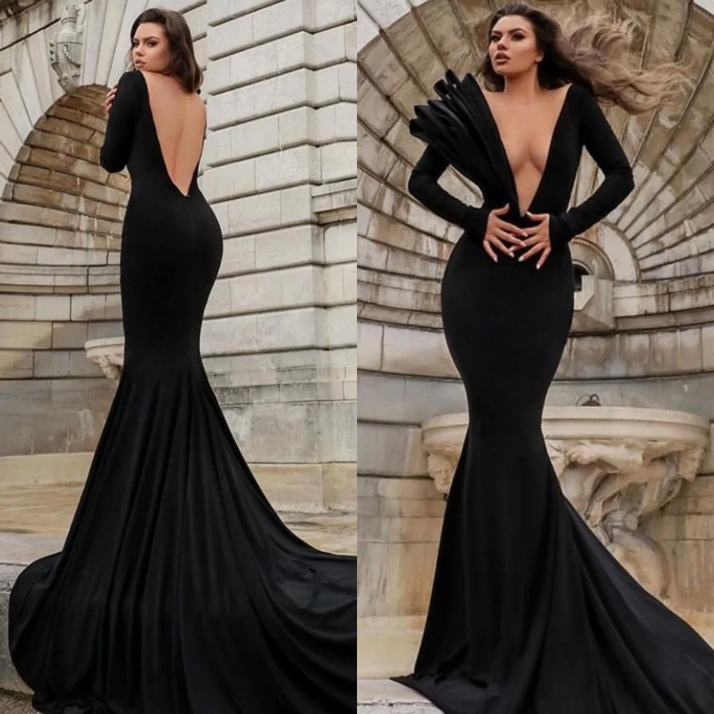 

Customized Sexy Mermaid Dresses 2025 Woman High Quality Black Jersey Evening Dress Temperament V-Neck Long Sleeves Prom Dress