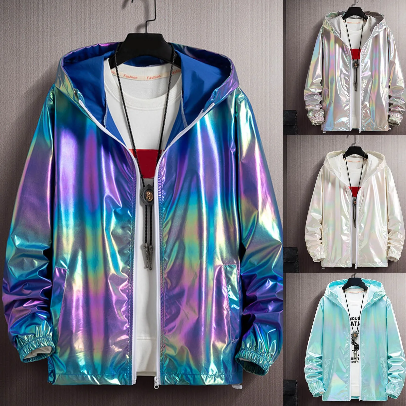 

2024 Summer Colorful Shiny Sunscreen Clothing for Men and Women Couples Thin Breathable Color Thin Jacket Trend Large Size