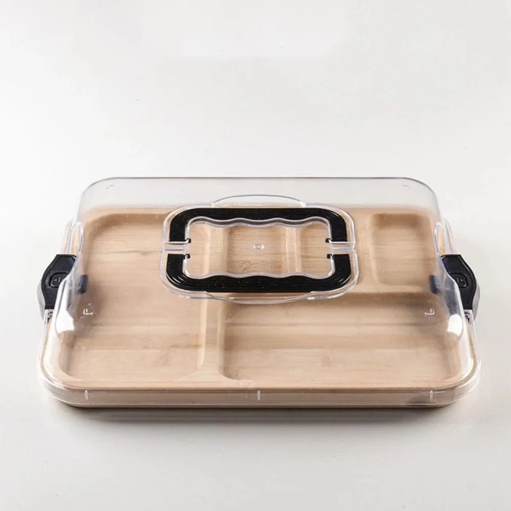 Durable Transparent Bamboo Cheese Board Snap-On Lid Divided Grid Wooden Cheese Board with Lid Stylish Charcuterie Board Camping
