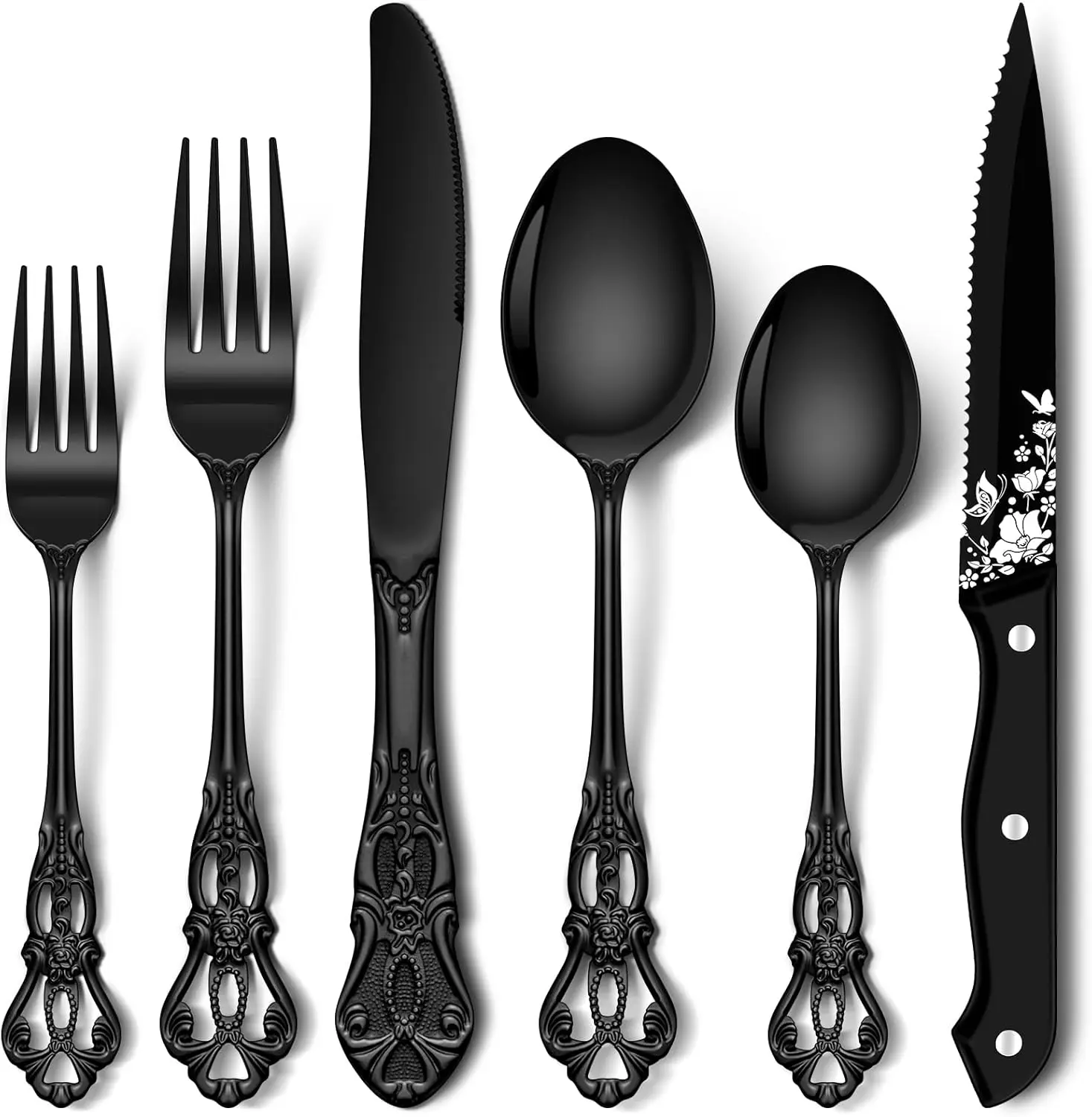 

48-Piece Black Silverware Set with Steak Knives, Retro Royal Stainless Steel Mirror Flatware for 8, Dishwasher Safe