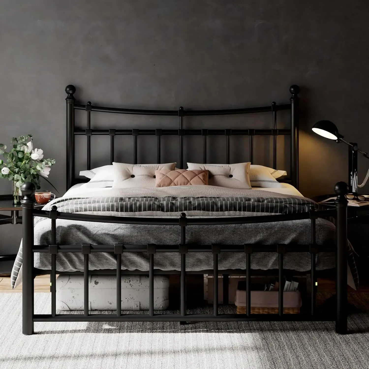 Size Metal Bed Frame with Modern Iron-Art Headboard & Footboard, Platform Bed Frame with 12