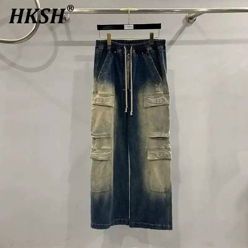 

HKSH Spring Autumn New Man Tide Trend Gradient Color Contrast Wide Leg Jeans Safari Style Multi Pockets Retro Denim Pants HK1396