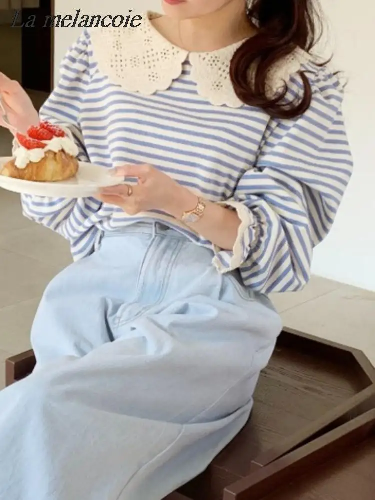 Striped T-shirt For Woman 2024 Spring New Fashion Lace Doll Collar Long Sleeve Loose Tee Shirt Female Vintage Casual Tshirt Top