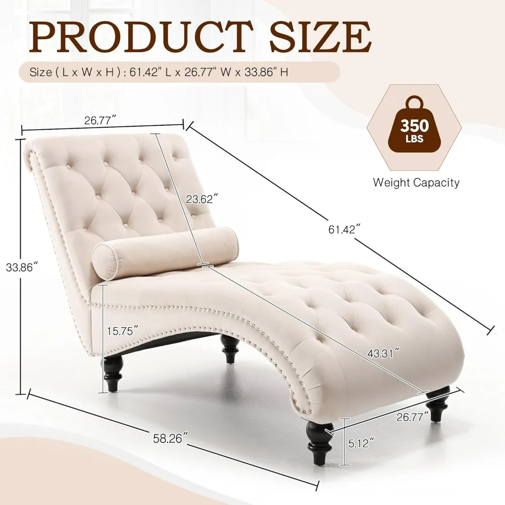 Chaise Lounge Chair Indoor, Modern Velvet Upholstered Lounge Sofa with Solid Wooden Leg and Lumbar Pillow, Button Tufted Sleeper