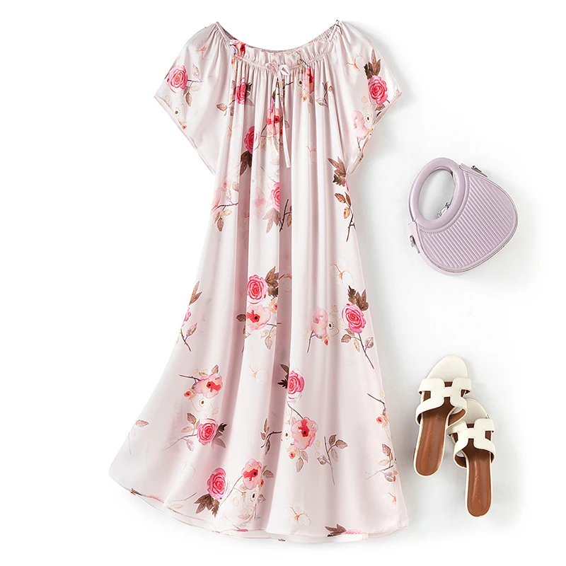 

100% Mulberry Silk 16 momme Charmeuse Silk Pink Floral Printed Short Sleeve Sleep Dress Sleepwear Nightdress Nightgown FF064