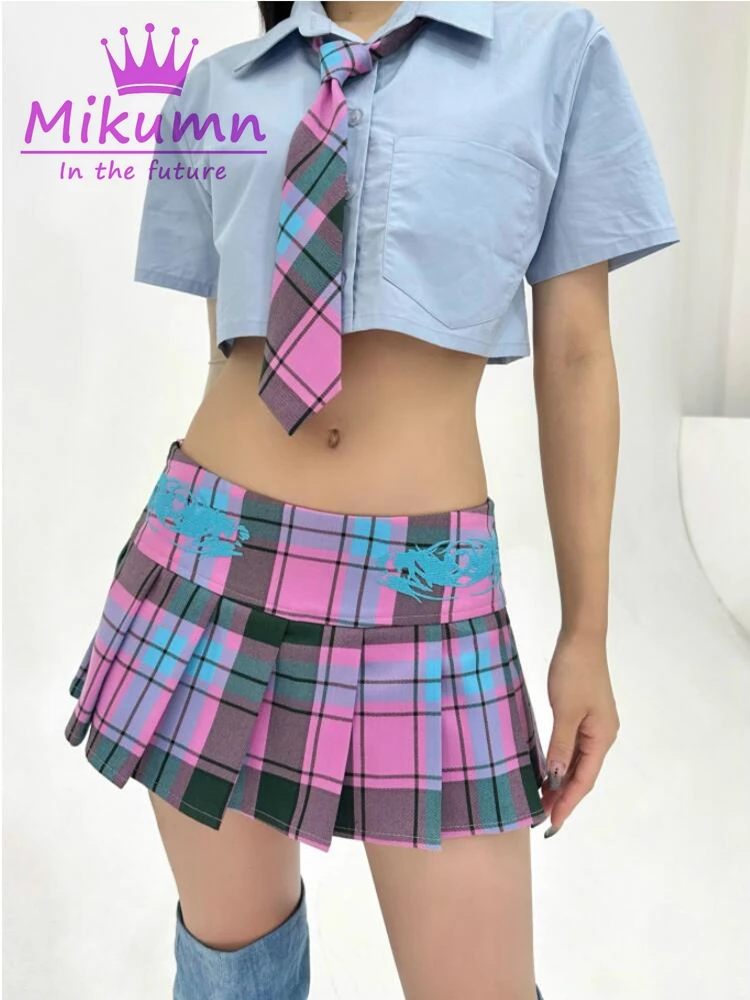 Harajuku Pink Blue Plaid Embroidered Pleated Mini Skirt With Shorts Y2k Girls Preppy Style Women Summer Low Waist JK Short Skirt