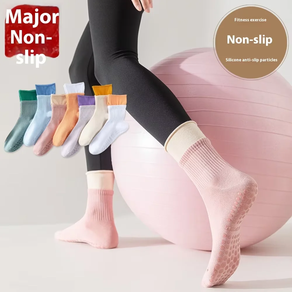 

Cotton Mid-Calf Length Yoga Socks Anti-Slip Silicone Indoor Fitness Pilates Knitted Body Double Gusset Seamless Sports Socks