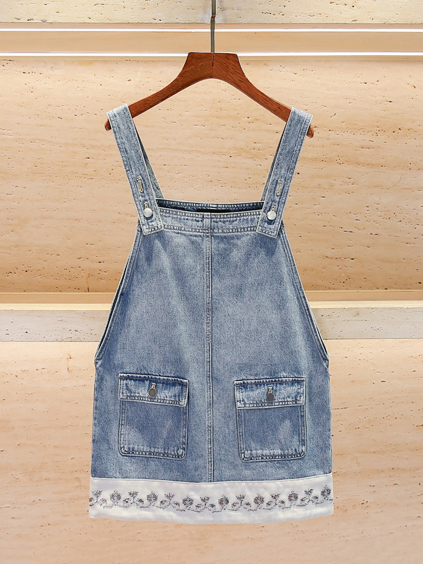

High Waist Denim Summer New Design Sensation South Oil Women's Dress with Washed Back Strap And Beads Detail