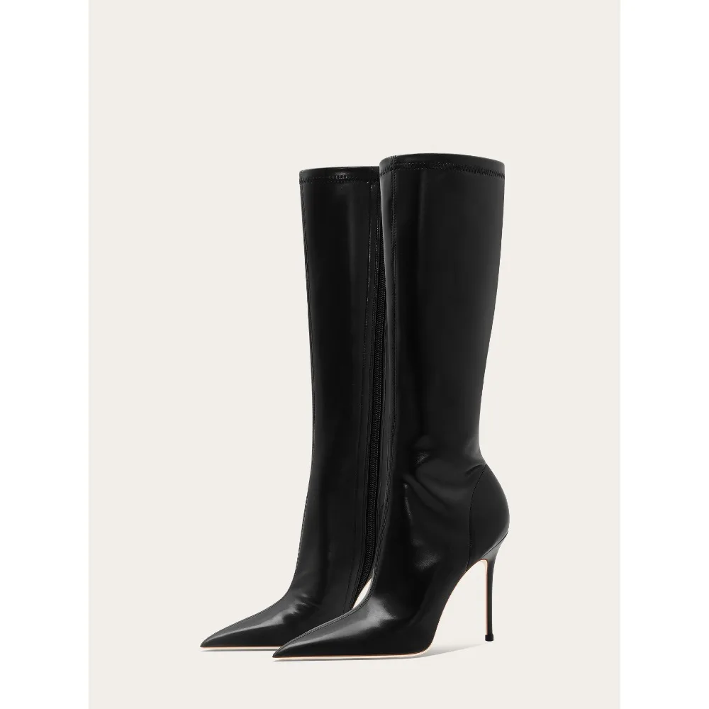 

Black Stretch Leather Pointed Knee High Boots Women Side Zipper Slim High Heel Boots