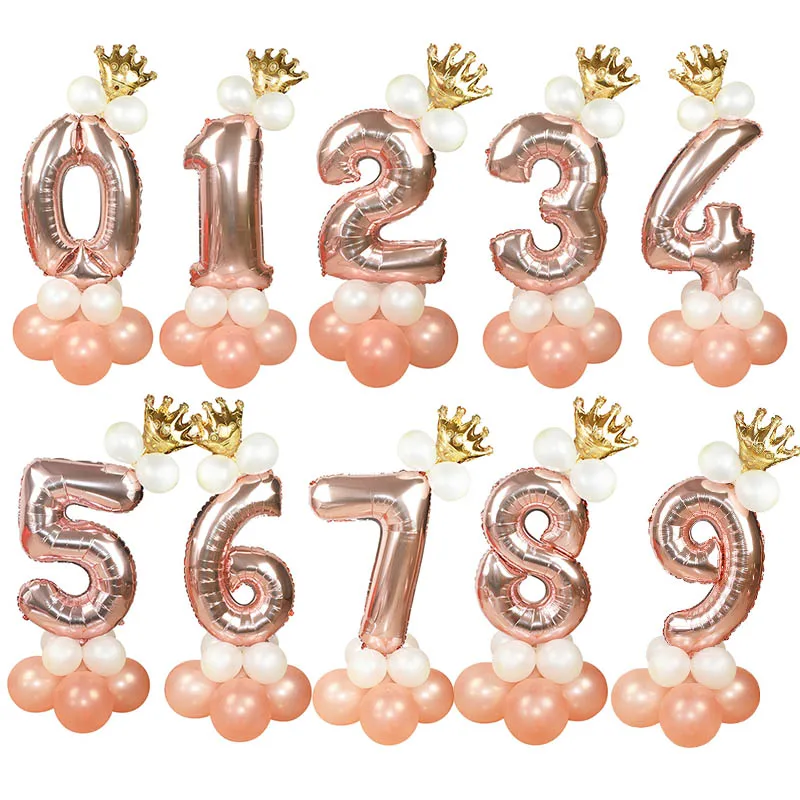 15Pcs/set 32inch Rose Gold Number Balloons with Gold Crown Wedding Party Foil Balloon Birthday Party Decorations Kids Globos