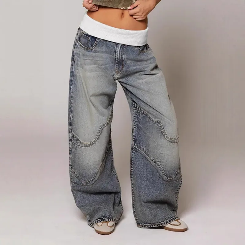 

KEXU 2025 женские модные потертые синие джинсовые широкие брюки уличная одежда сафари-карго прямые джинсы в стиле хип-хоп