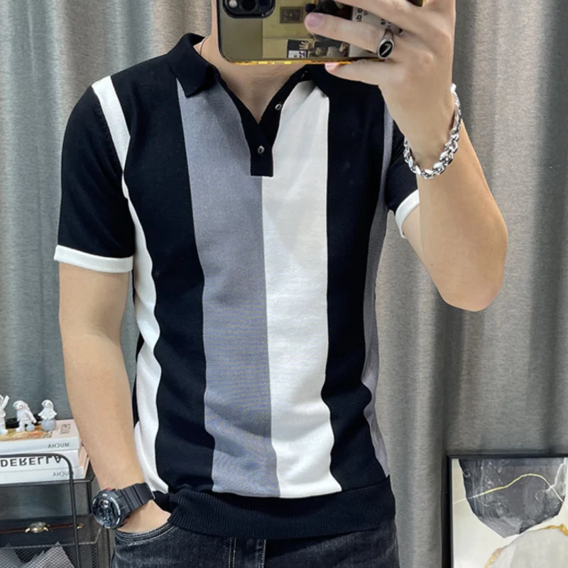 

Spring Men Short 2023 Sleeve Polo Contrast Stripes Lapel Top Korean Slim Knit Men Polo High Quality Tee Shirt Camisa Hombre