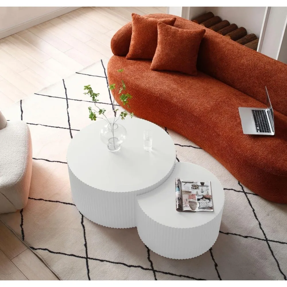 31.5 Inch Nesting Table Set of 2 Round and Half Moon Shapes White Handcraft Coffee Table Set for Living Room Office