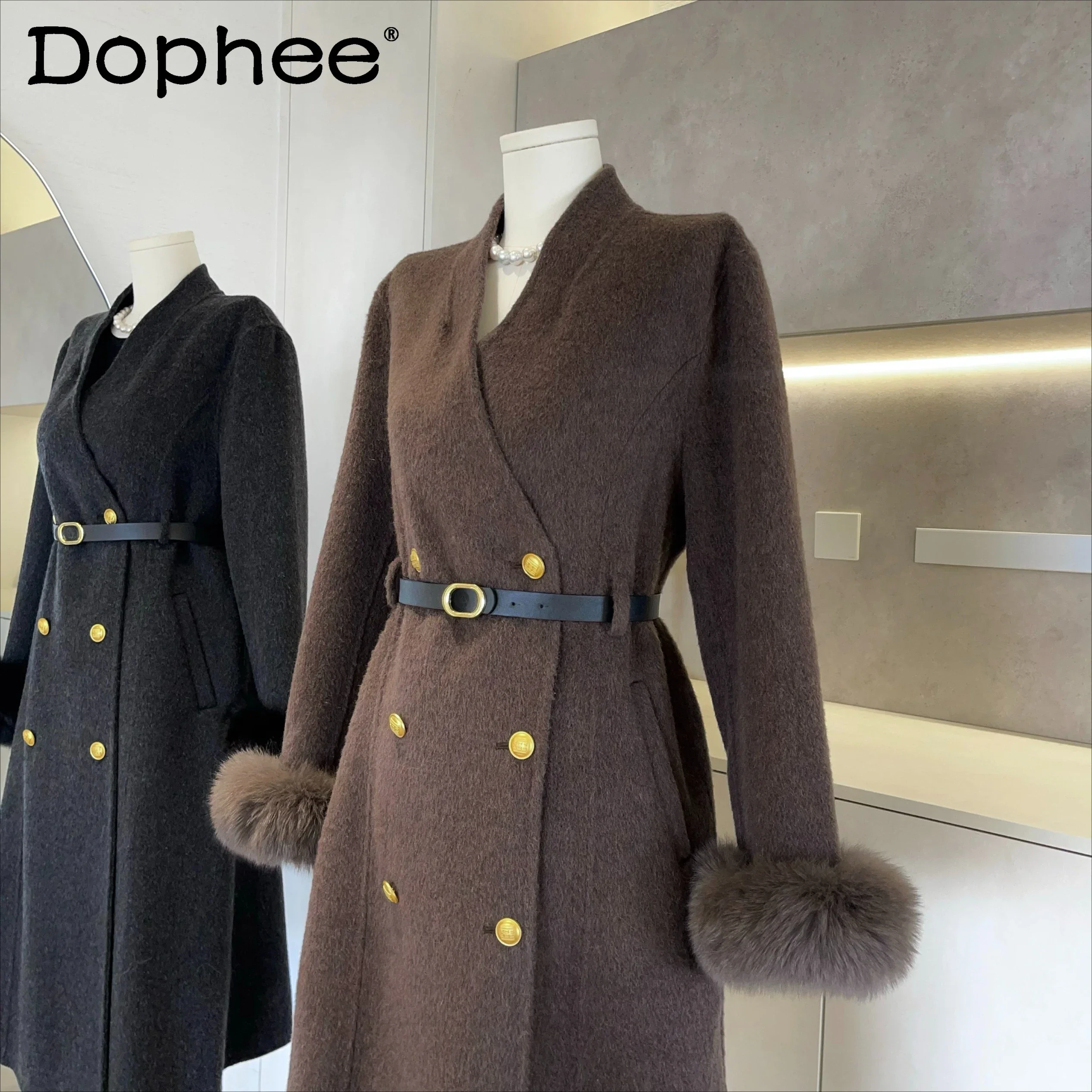 

French Elegant Coats and Jackets Women Fashion Waist Fox Hair Splicing Double-sided Wool Coats Long Coats Winter Coat