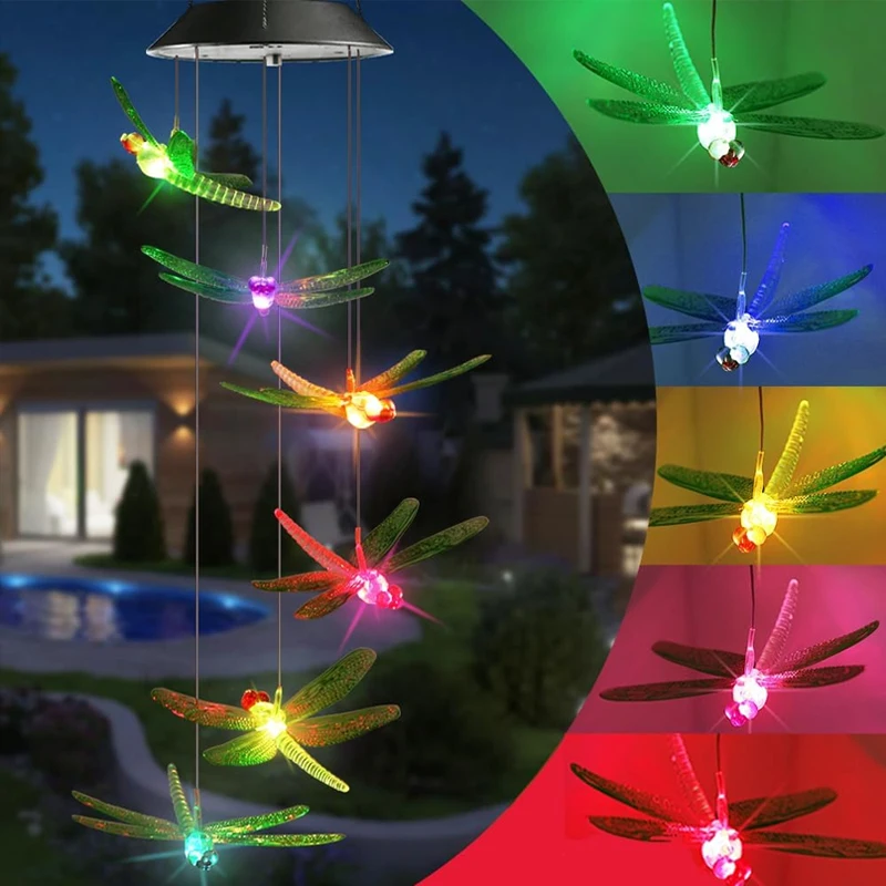Outdoor Color Changing Dragonfly Solar Wind Chime Lights, Unique Mobile Wind Chime Solar Outdoor Dragonfly Lights Gift for Decor