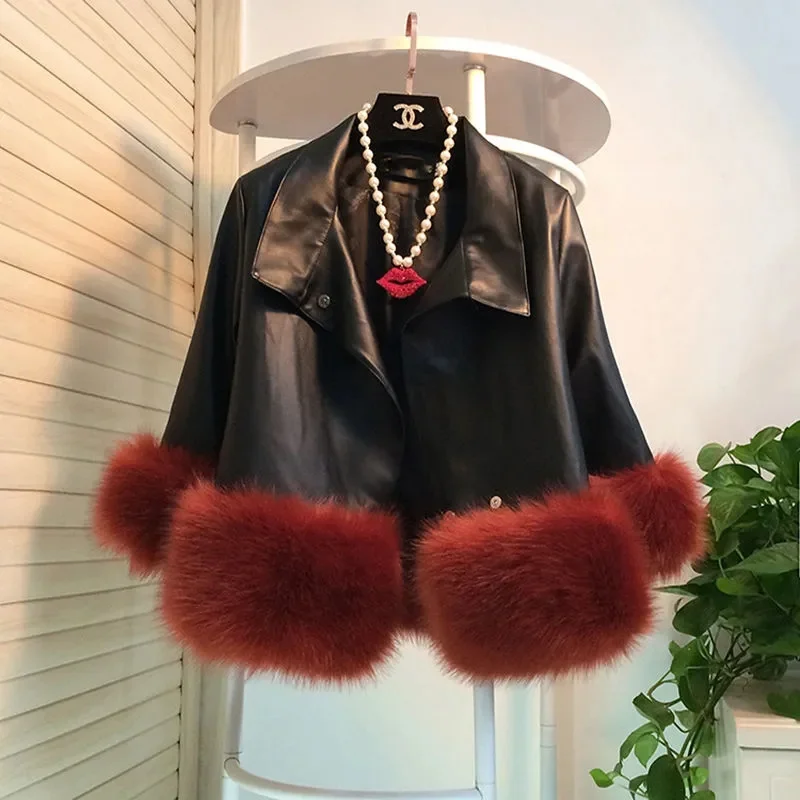 2023 Autumn Winter Washable Leather Leather Coat Women's Spring Autumn Trendy Short Top Fashionable Motorcycle Wear Fur Outside