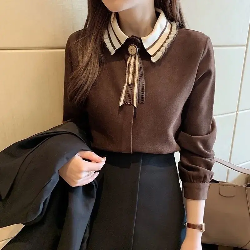 Fashion Peter Pan Collar Spliced Button Bow Blouses Women\'s Clothing 2023 Autumn Winter Loose Casual Pullovers Commuter Shirts