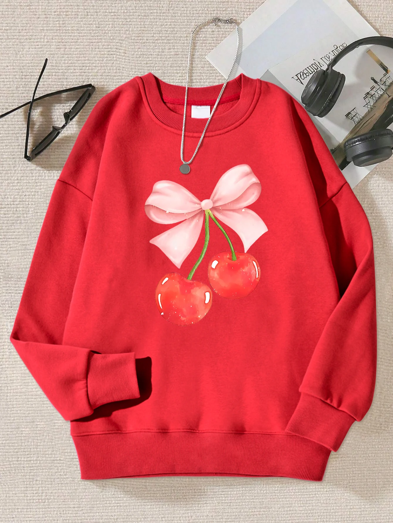 Pink Bow Cherry Design  Printing Sweatshirt Women Harajuku Casual Pullovers Fashion Hip Hop Hoody Autumn Fur-Liner Woman Clothes