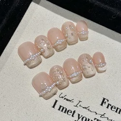 Handmade Press on Nails Glitter White Pearl Decor False Nails Full Cover Wearable Retro Baroque French Short Fake Nail Tips