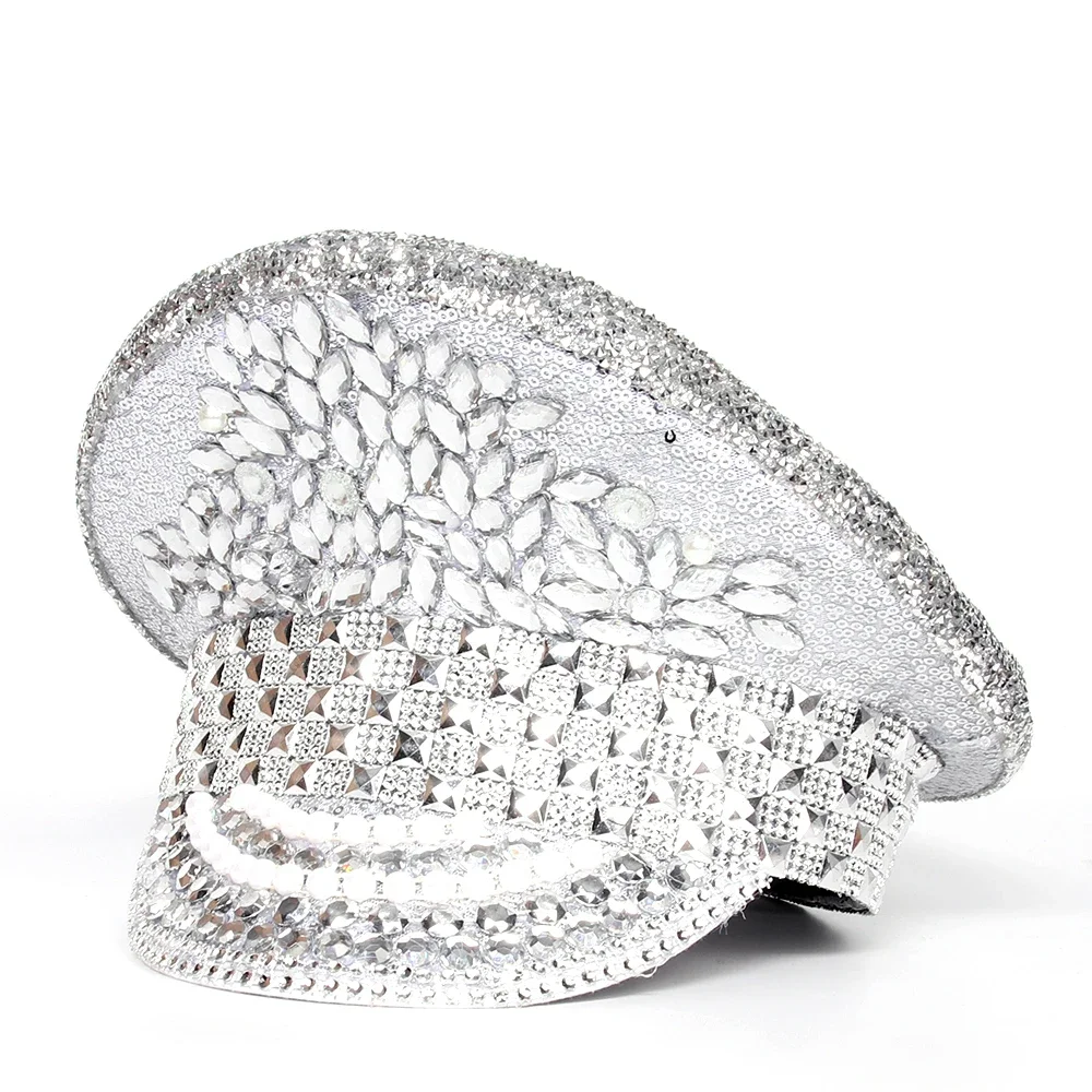 Women Men Rhinestone Military Hat Captain Cap For Lady Sergeant Bridal Hat Hen Do Hat Festival Birthday Part Octagonal Hat