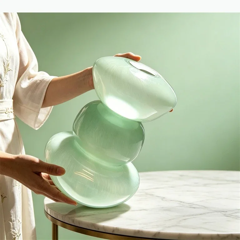 Green Pebble Vase Glass Vase Stacked Stones Hydroponics Terrarium Geometric Ellipse Pot Home Decoration Accessories