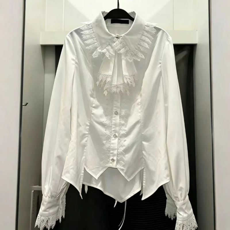Victorian Vintage Sweet Lolita Style Shirt Women Gothic Y2k Lace Pointed Lapel Collar Puff Lantern Sleeve Blouse Slim Top Blusas